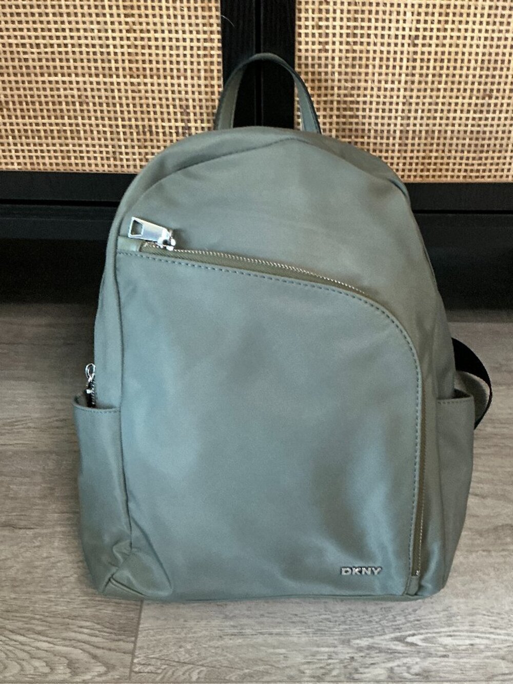 DKNY Olive Green Nylon Small Backpack Purse Tablet Sleeve Zip Pockets Travel